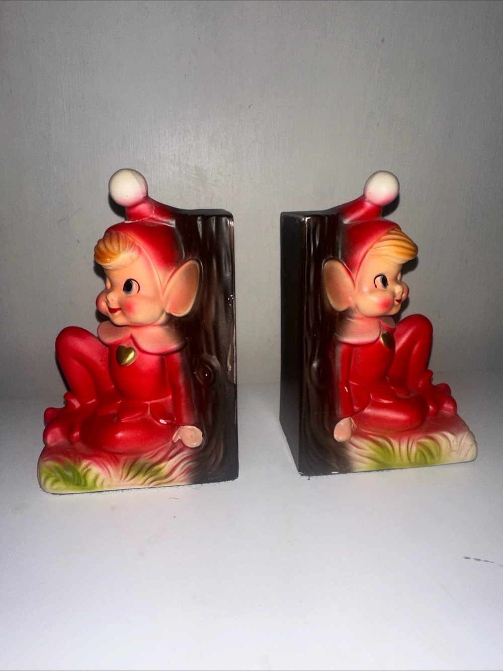 Vtg cottage core pixie elves book ends ceramic